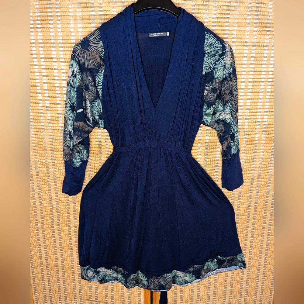 Navy Mini Dress from Earthbound with  Cinched Waist and Dolman Sleeves